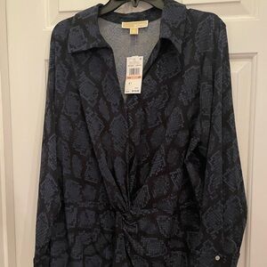 Michael Kors Blue/Black Long Sleeve Blouse  with Textured Pattern